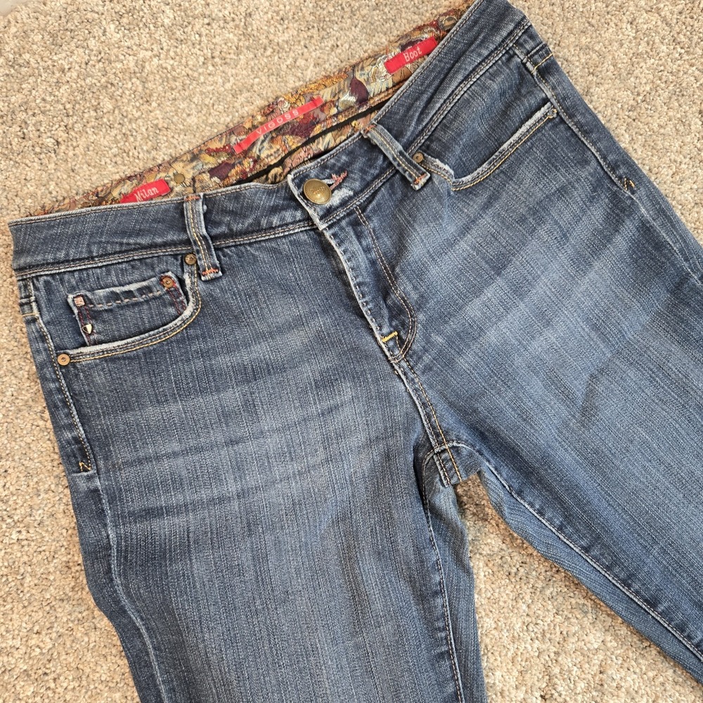 Vigoss Milan bootcut Denim Jeans Women's Size 7 Gold Button Logo Medium Wash